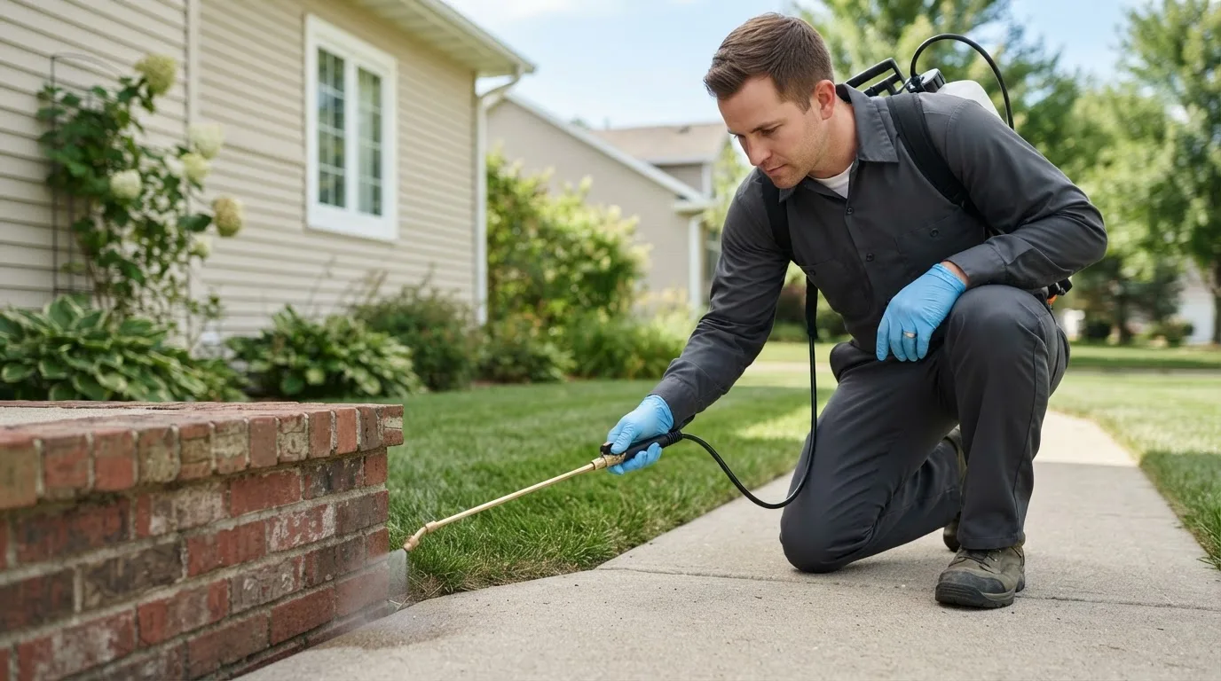 Pest control technician treating a home near Kinsman, IL
