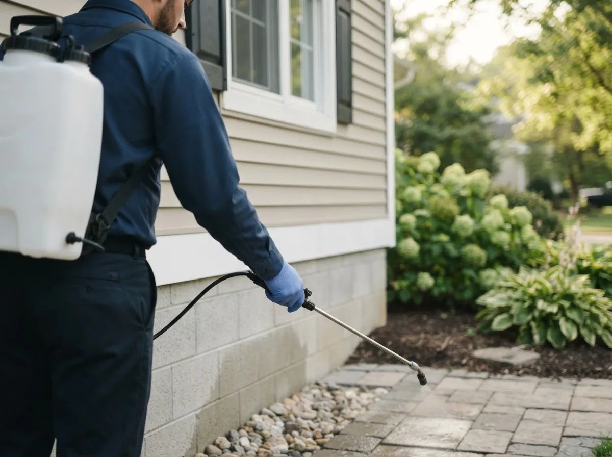 Pest control technician inspecting a home in Kinsman, IL